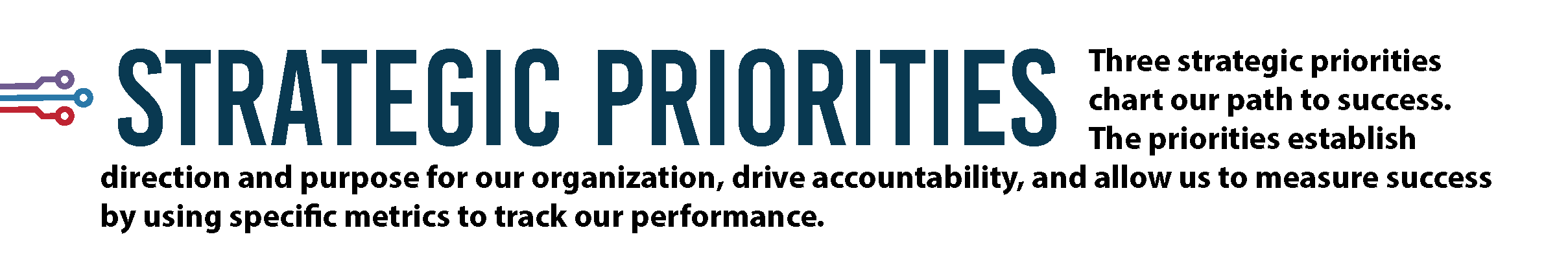 Strategic Priorities"Three strategic priorities chart our path to success. The priorities establish direction and purpose for our organization, drive accountability, and allow us to measure success by using specific metrics to track our performance."